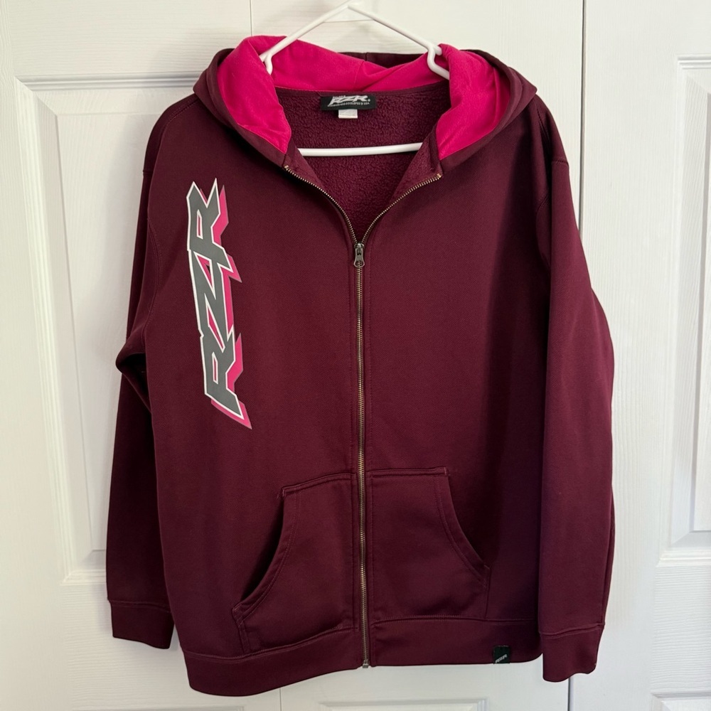 Polaris‎ RZR Burgundy and Pink Zip-Up Hoodie size kids XL L 26” Pit to pit 21”